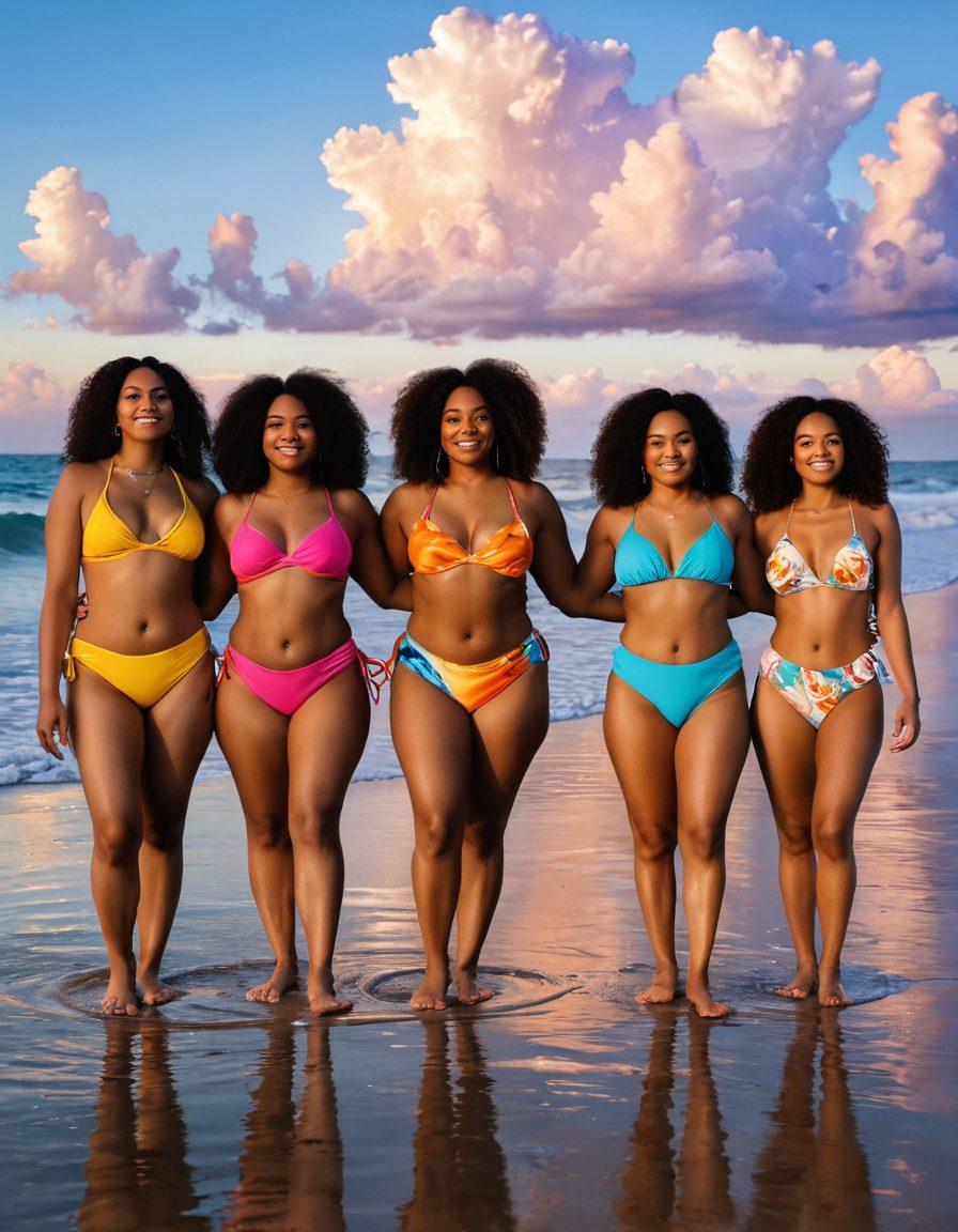 A serene beach scene featuring diverse women of varying body types and sizes confidently wearing colorful bikinis that symbolize self-love and acceptance. The backdrop showcases gentle waves and a sunset, creating a warm and empowering atmosphere. Include subtle elements representing both sadness and joy, like seashells with tears and smiling faces in the clouds. The overall vibe should be uplifting and inspiring. vibrant colors. super-realistic.